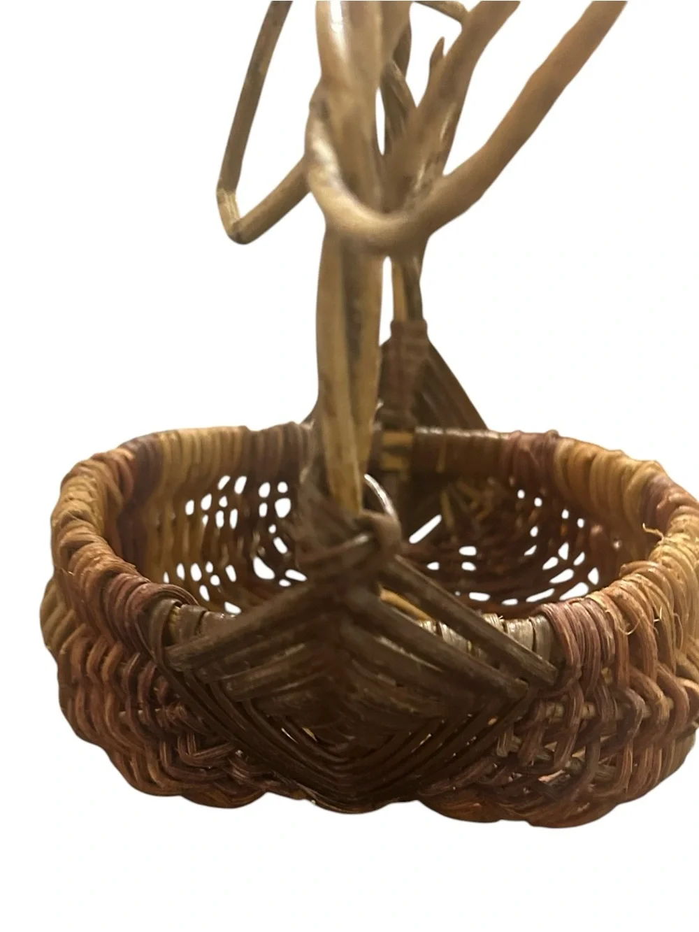 vintage French wicker foraging butt basket, a unique, twisted vine handle. 9X6X8